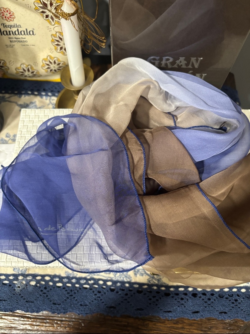 Vintage Silk Sheer Colorblock Scarf in Blue, Brown & Cream